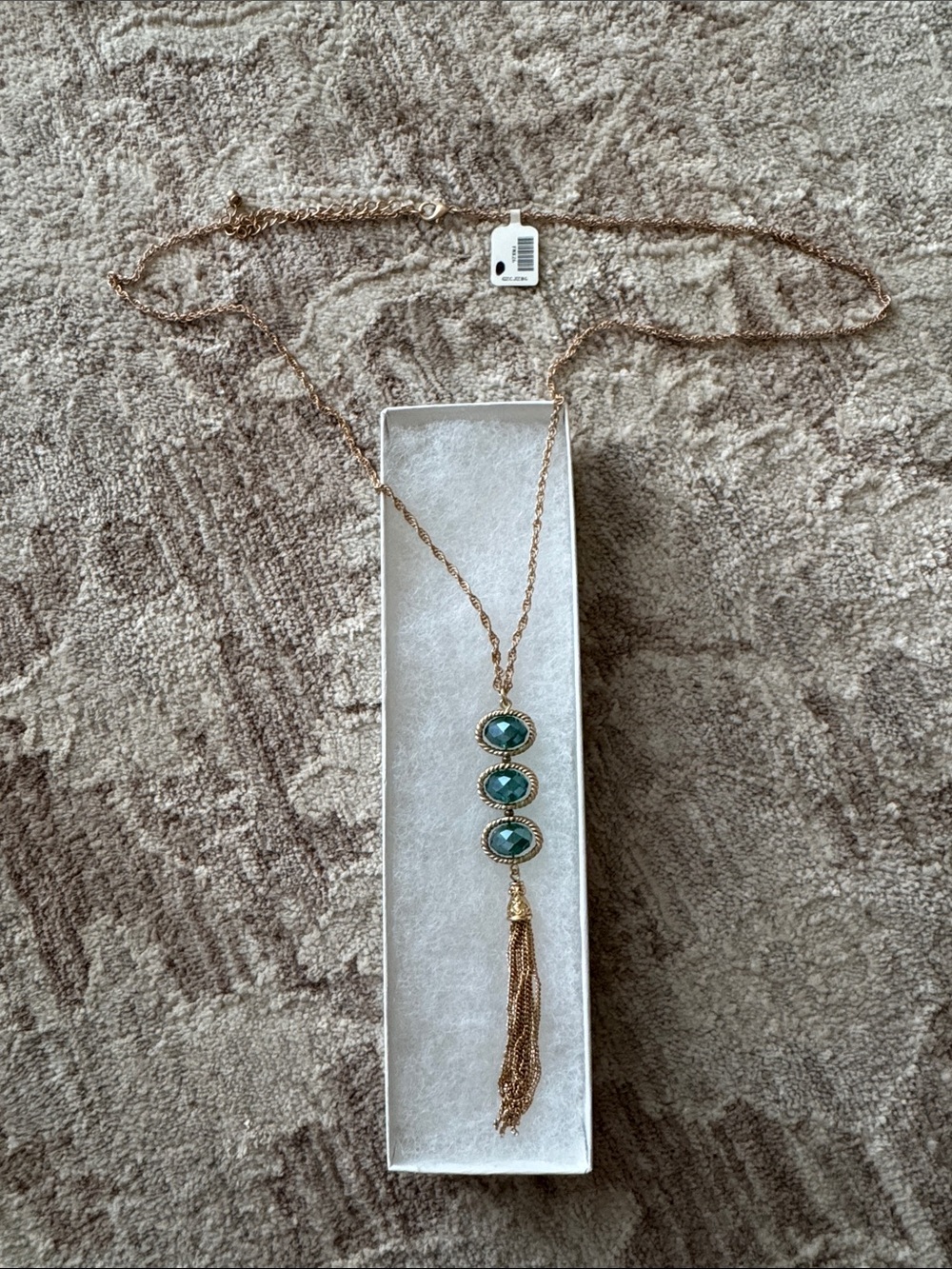 Gold-Tone Necklace with Blue/Green Stones & Tassel